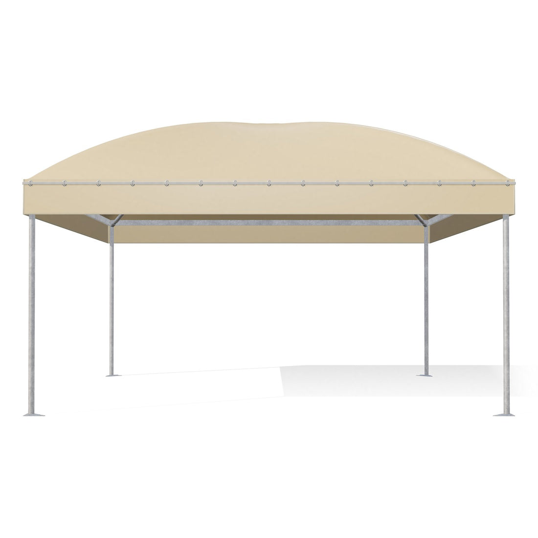 Gazebo 5x5 Gemma Basic visto di fronte: montanti tondi Ø60 zincati, barre perimetrali e archi sotto il telo beige RAL 1014
