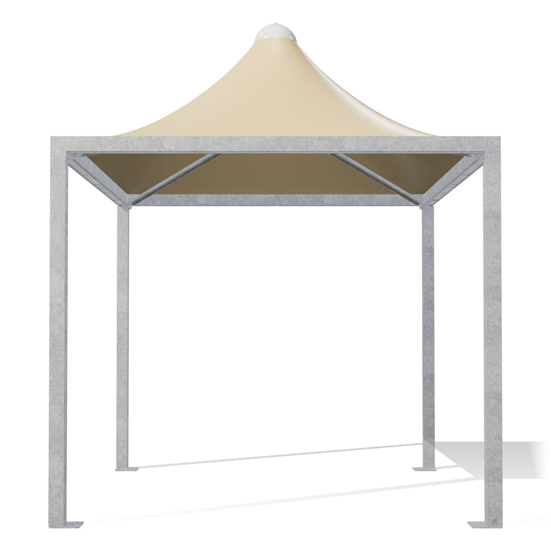Gazebo 3x3 Airone Middle di fronte: montanti 100×100 zincati e tetto a punta con telo beige RAL 1014