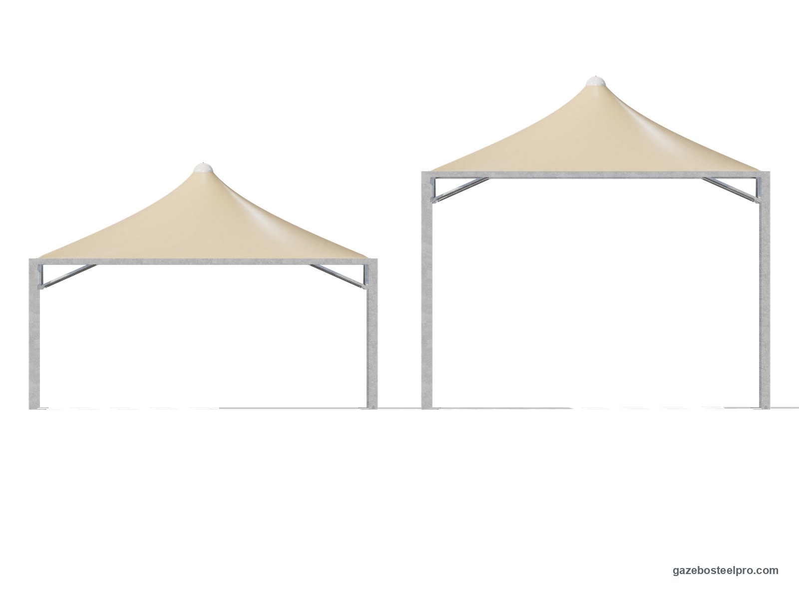 Lo stesso gazebo 6x6 Airone Max Leggero in prospetto a 2,50 m e a 4,00 m sotto la trave, con il tetto a punta beige