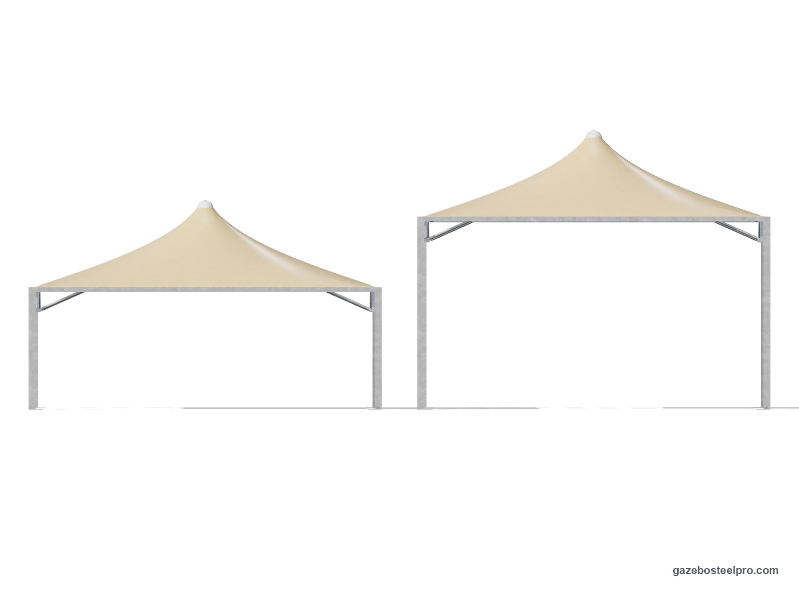 Lo stesso gazebo 7,5x5,5 Airone Max Leggero in prospetto a 2,50 m e a 4,00 m sotto la trave, con il tetto a punta beige