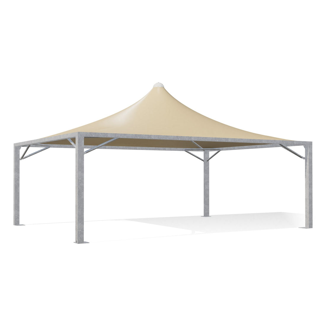 Gazebo 7,5x5,5 Airone Max Leggero zincato con tetto a punta e telo beige RAL 1014, vista 3D di tre quarti