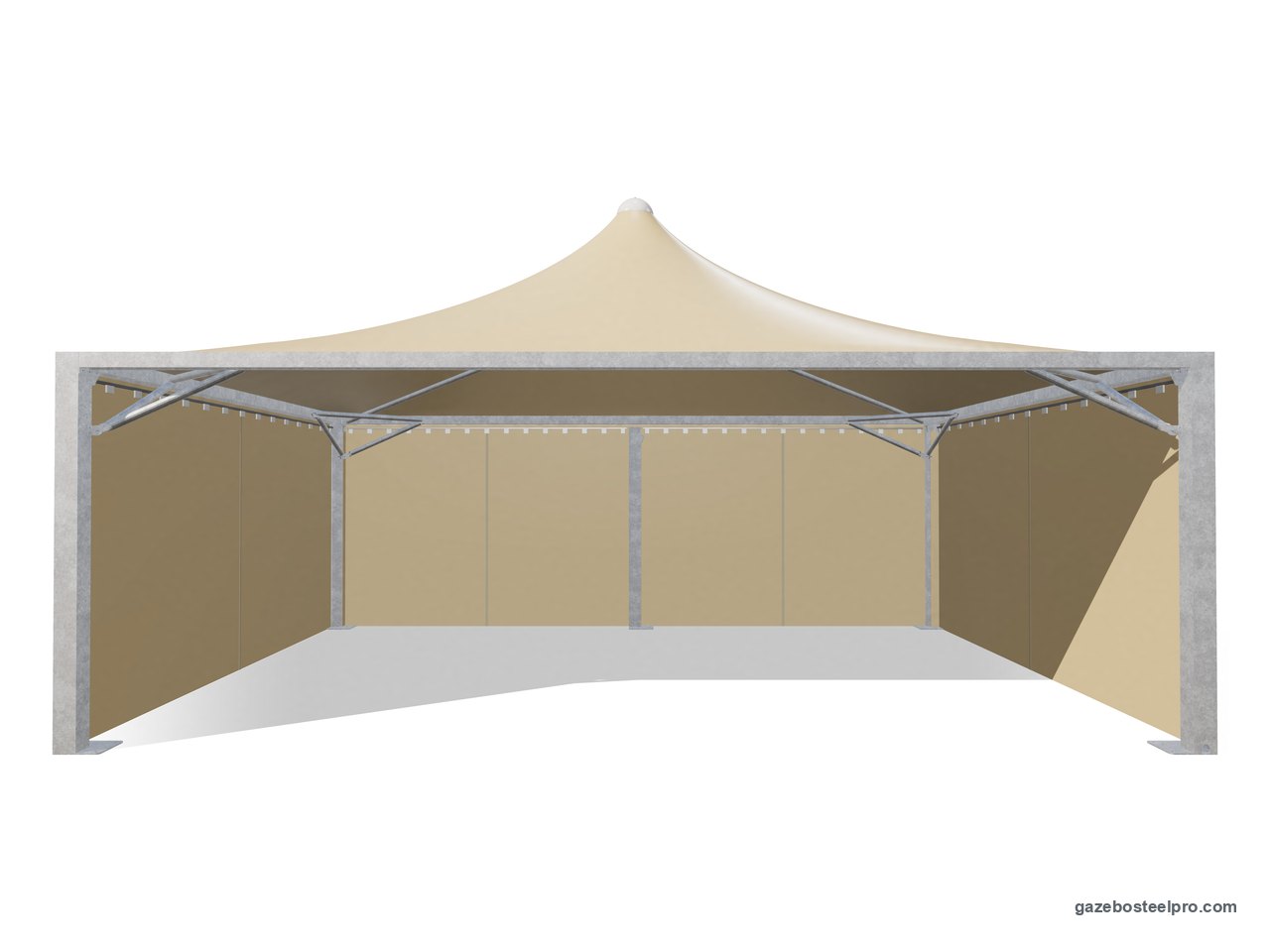 Gazebo 7,5x5,5 Airone Max Leggero con i laterali scorrevoli in PVC beige su tre lati, fronte aperto