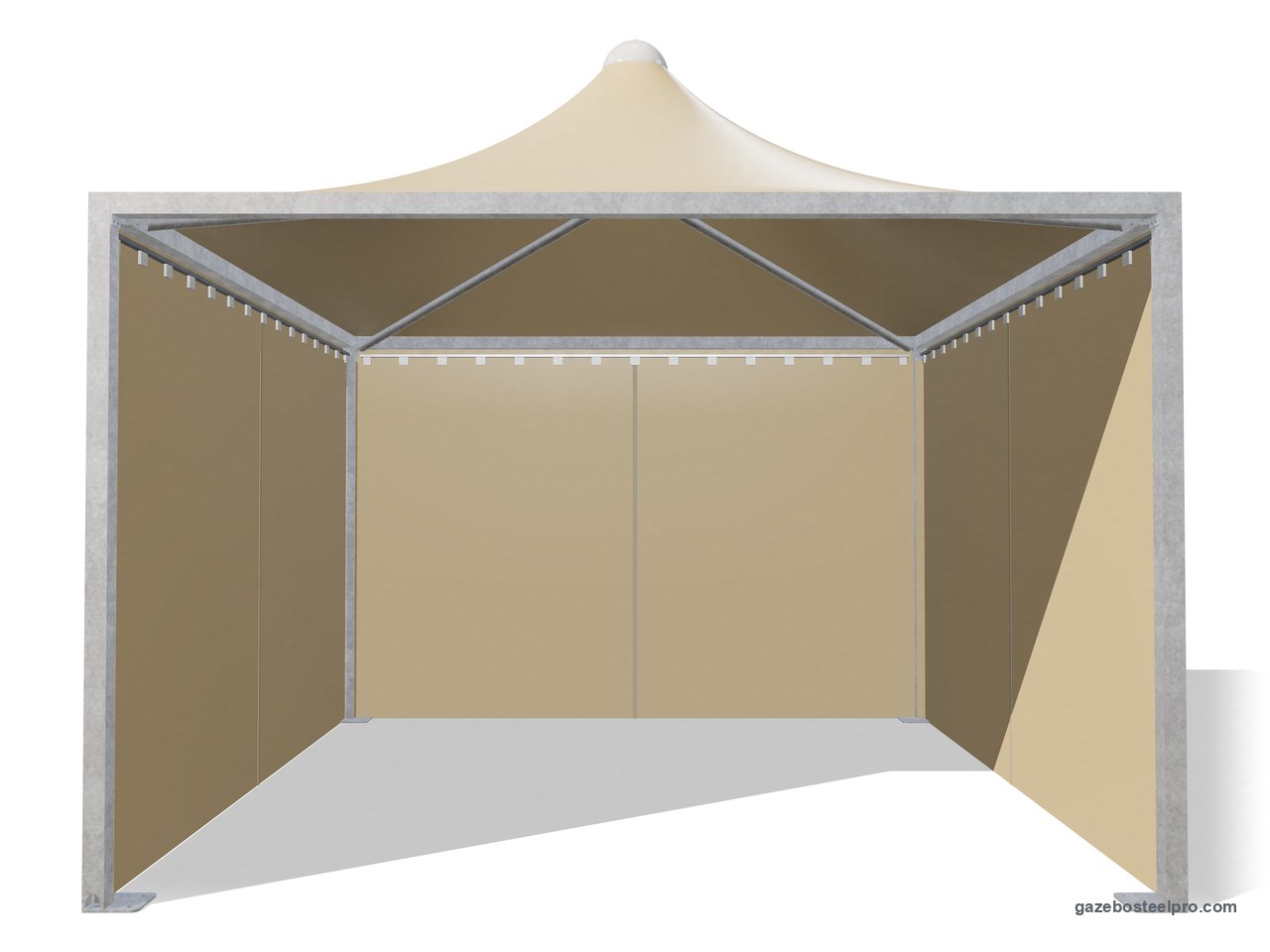 Gazebo Airone Minimax con i laterali scorrevoli in PVC beige su tre lati, fronte aperto
