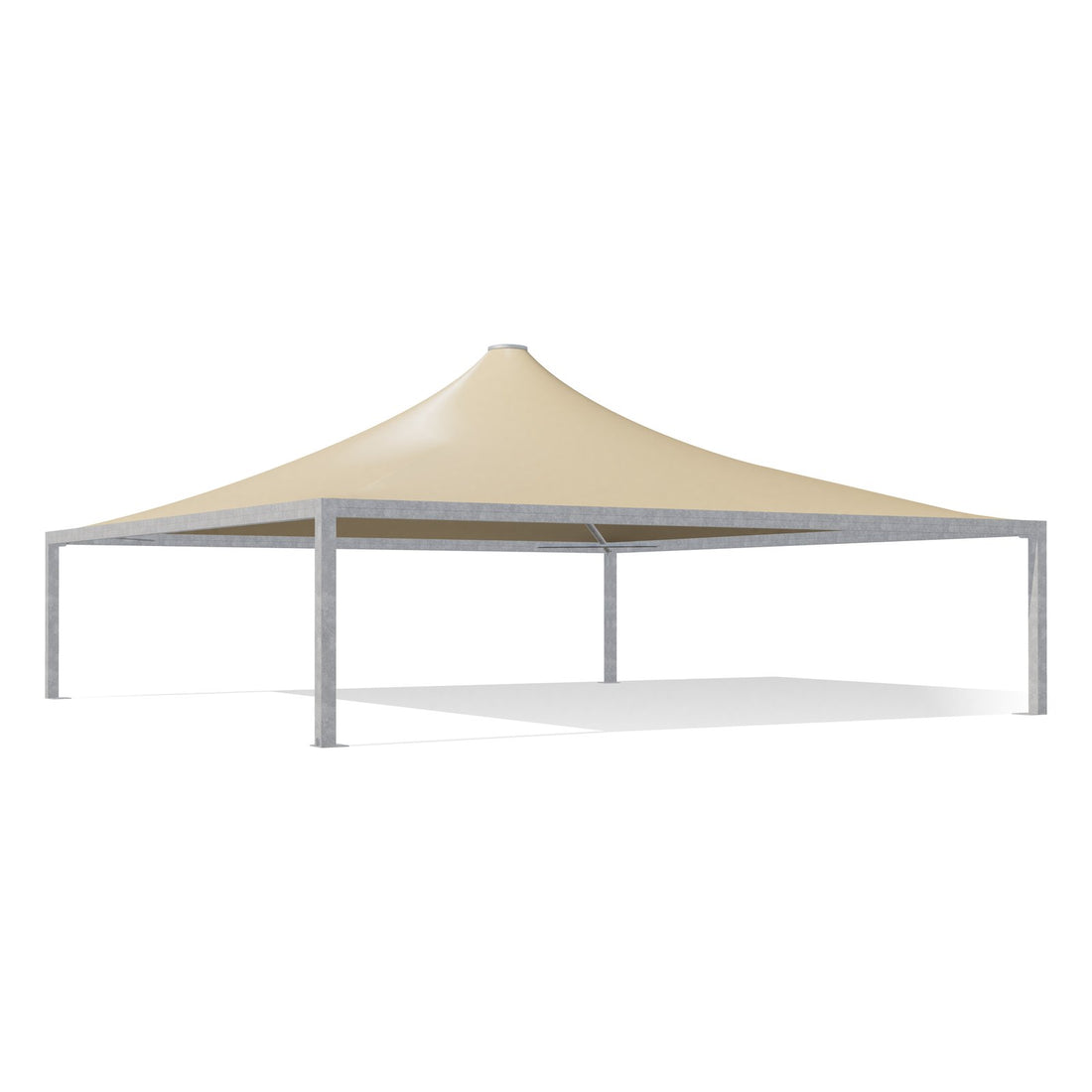 Gazebo 11x11 Airone Max Pesante zincato con tetto a punta e telo beige RAL 1014, vista 3D di tre quarti