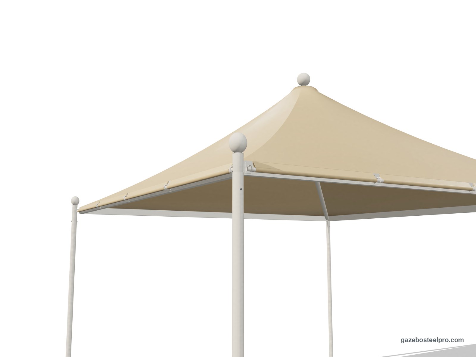 Angolo del gazebo Airone New visto da fuori: sfera Ø10 sul montante tondo Ø60, giunto angolare, trave 80×40 con i ganci e telo senza mantovana, immagine 3D