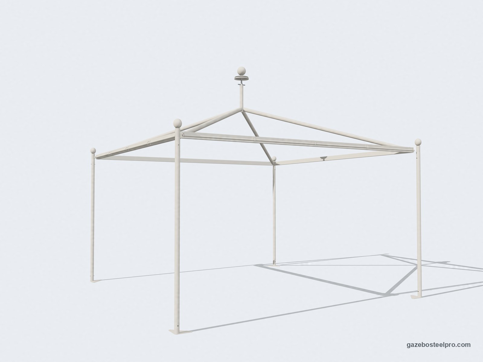 Telaio del gazebo Airone New senza telo: montanti tondi Ø60, trave perimetrale con i ganci, quattro traverse inclinate, giunto centrale e sfere sul colmo e sugli angoli, immagine 3D