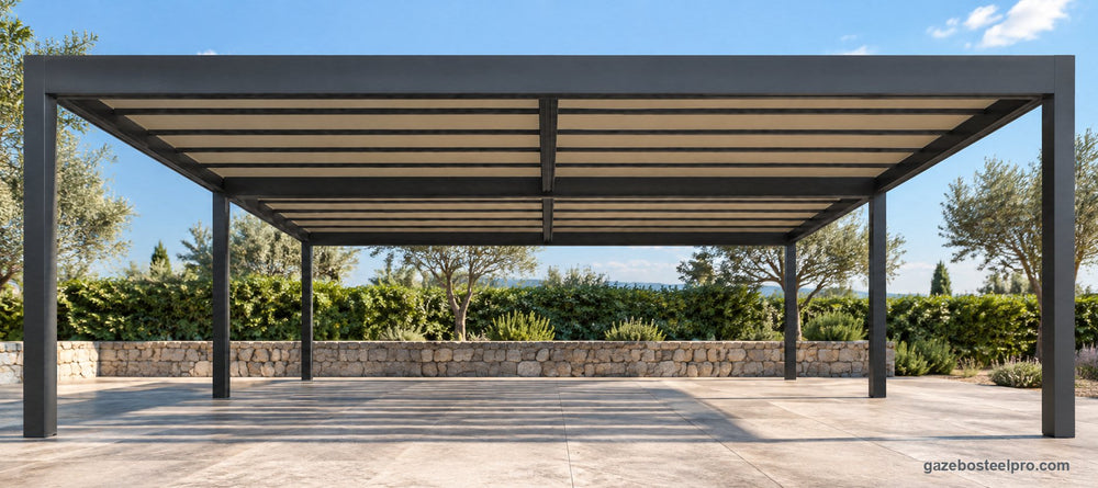 QBox Big 10 × 10 m antracite su una terrazza con olivi, due moduli senza pilastri in mezzo (immagine ricostruita al computer)