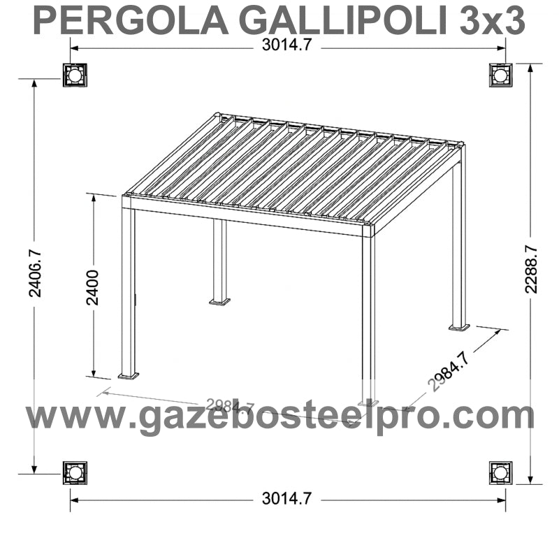 Pergola Gallipoli 3x3 in Acciaio Zincato con Lamelle Orientabili - Colore Antracite