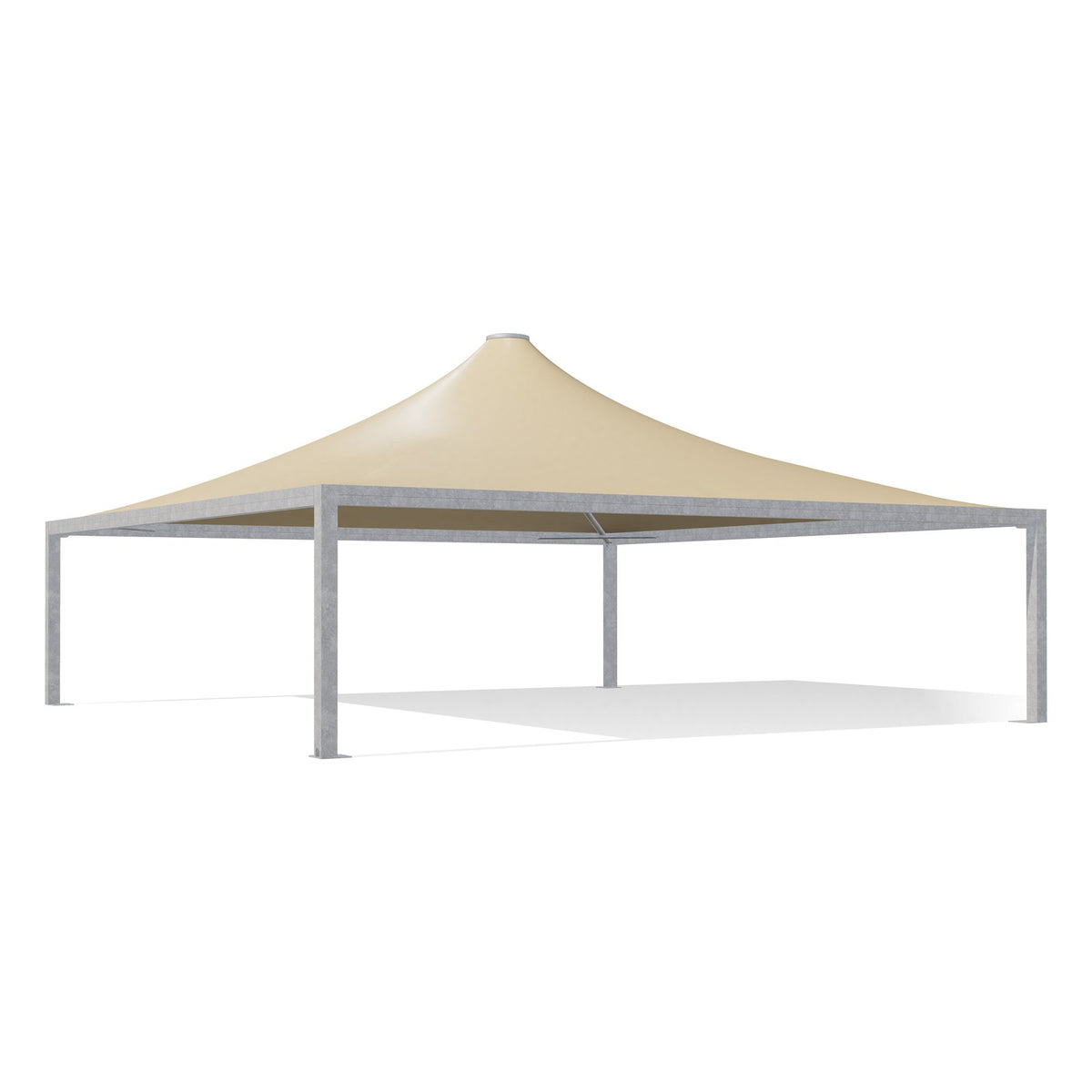 Gazebo 10x10 Airone Max Pesante zincato con tetto a punta e telo beige RAL 1014, vista 3D di tre quarti