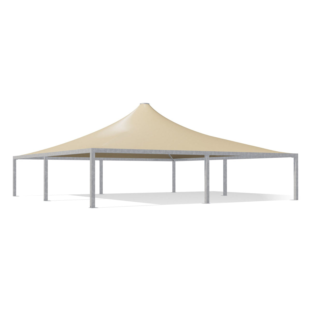 Gazebo 13x13 Airone Max Pesante zincato con tetto a punta e telo beige RAL 1014, vista 3D di tre quarti