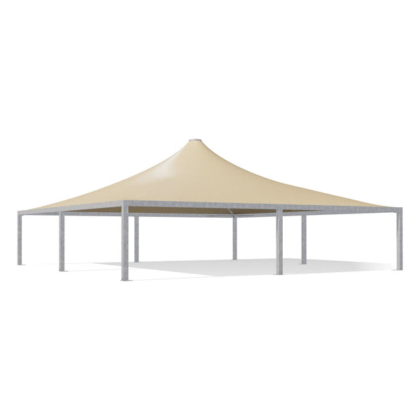 Gazebo 13x13 Airone Max Pesante zincato con tetto a punta e telo beige RAL 1014, vista 3D di tre quarti