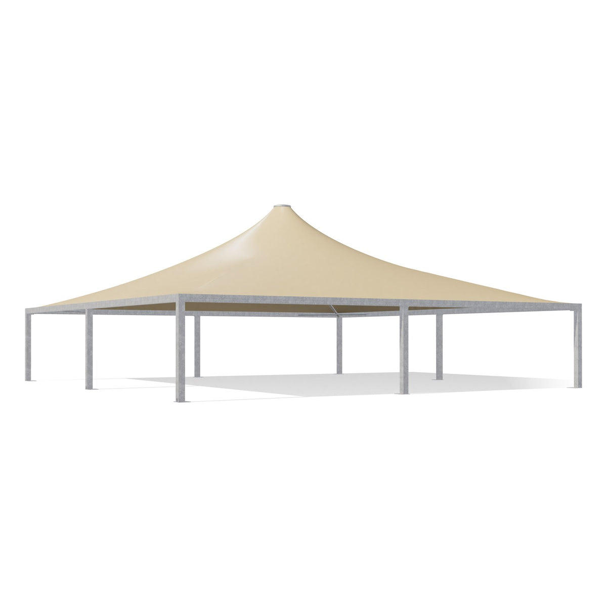 Gazebo 14x14 Airone Max Pesante zincato con tetto a punta e telo beige RAL 1014, vista 3D di tre quarti