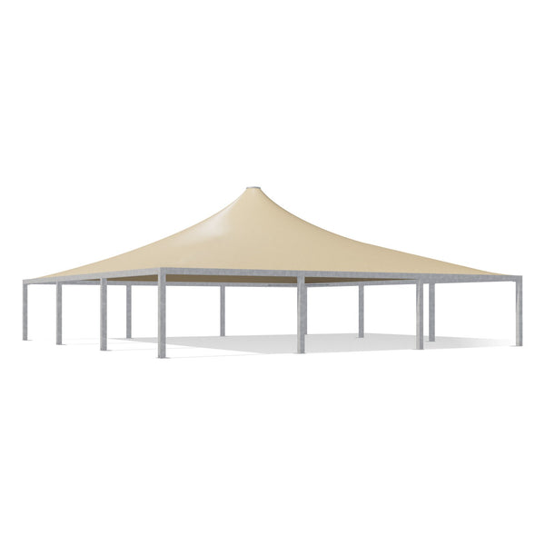 Gazebo 15x15 Airone Max Pesante zincato con tetto a punta e telo beige RAL 1014, vista 3D di tre quarti
