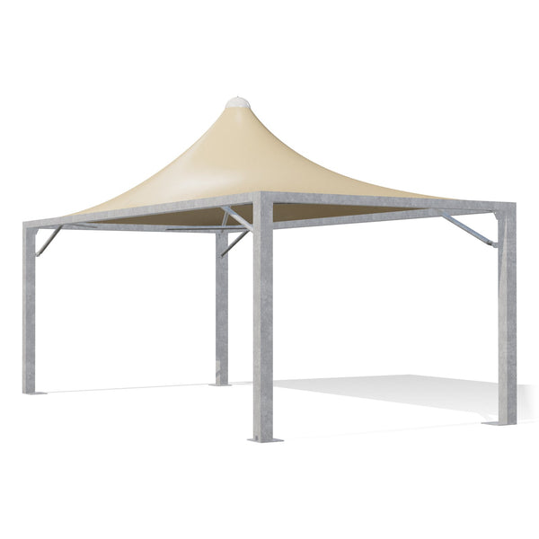 Gazebo 3,5x7 Airone Max Leggero zincato con tetto a punta e telo beige RAL 1014, vista 3D di tre quarti