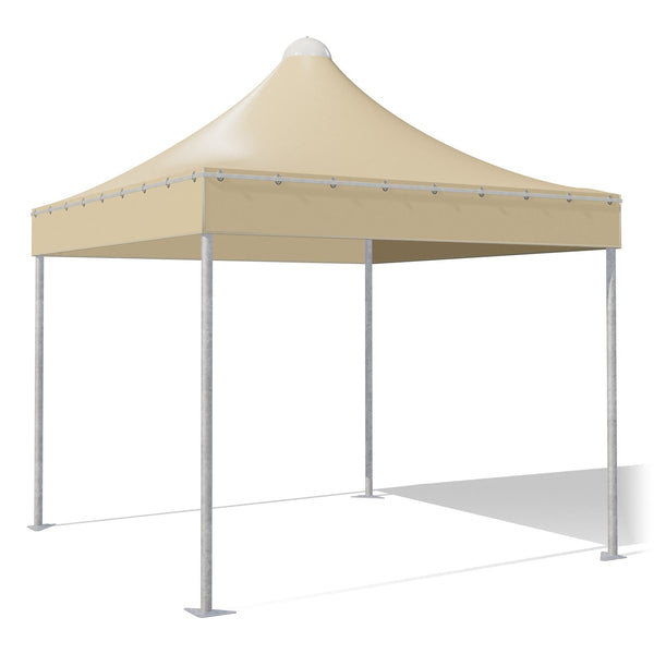 Gazebo 3x3 Airone Corallo in acciaio zincato con montanti tondi Ø60 e tetto a punta, telo beige RAL 1014, vista 3D di tre quarti