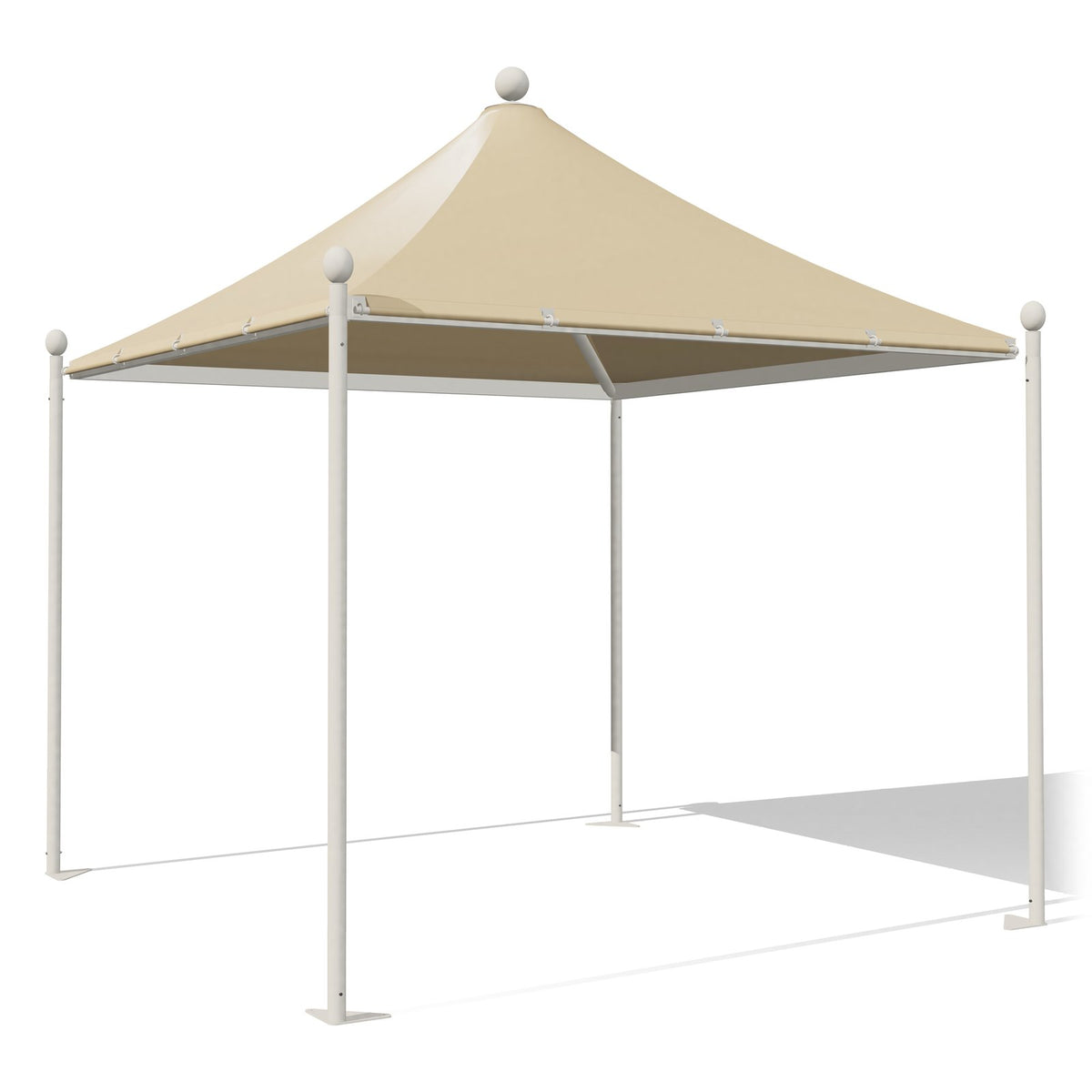 Gazebo 3x3 bianco Airone New a punta con sfere, struttura verniciata RAL 9010, telo beige RAL 1014, vista 3D di tre quarti