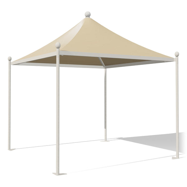 Gazebo 3x3 bianco Airone New a punta con sfere, struttura verniciata RAL 9010, telo beige RAL 1014, vista 3D di tre quarti