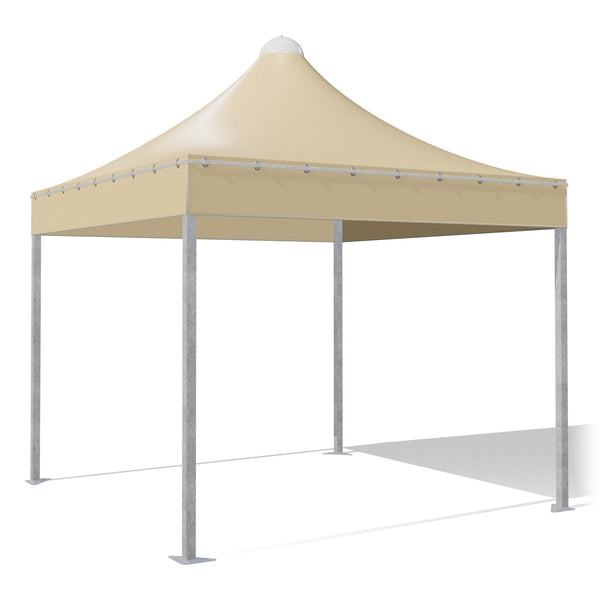 Gazebo 3x3 Airone Quadro zincato con tetto a punta e telo beige RAL 1014, vista 3D di tre quarti