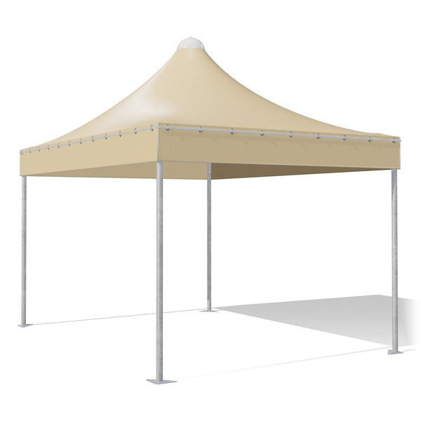 Gazebo 3x4 Airone Corallo in acciaio zincato con montanti tondi Ø60 e tetto a punta, telo beige RAL 1014, vista 3D di tre quarti