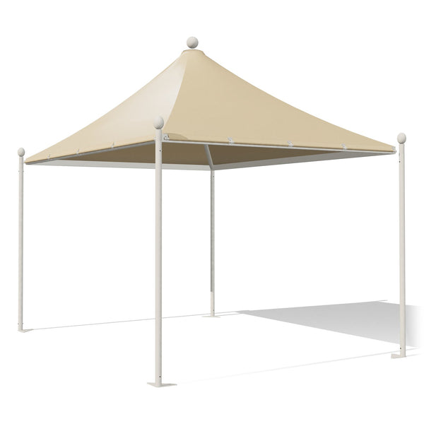 Gazebo 3x4 bianco Airone New a punta con sfere, struttura verniciata RAL 9010, telo beige RAL 1014, vista 3D di tre quarti