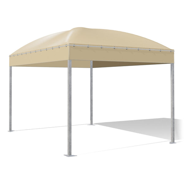 Gazebo 3x4 Gemma Quadro a cupola in acciaio zincato con montanti quadri 60×60, telo beige RAL 1014, vista 3D di tre quarti