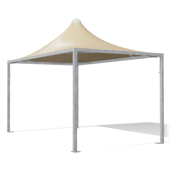 Gazebo 3x5 Airone Minimax zincato con tetto a punta e telo beige RAL 1014, vista 3D di tre quarti
