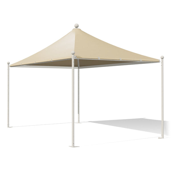 Gazebo 3x5 bianco Airone New a punta con sfere, struttura verniciata RAL 9010, telo beige RAL 1014, vista 3D di tre quarti