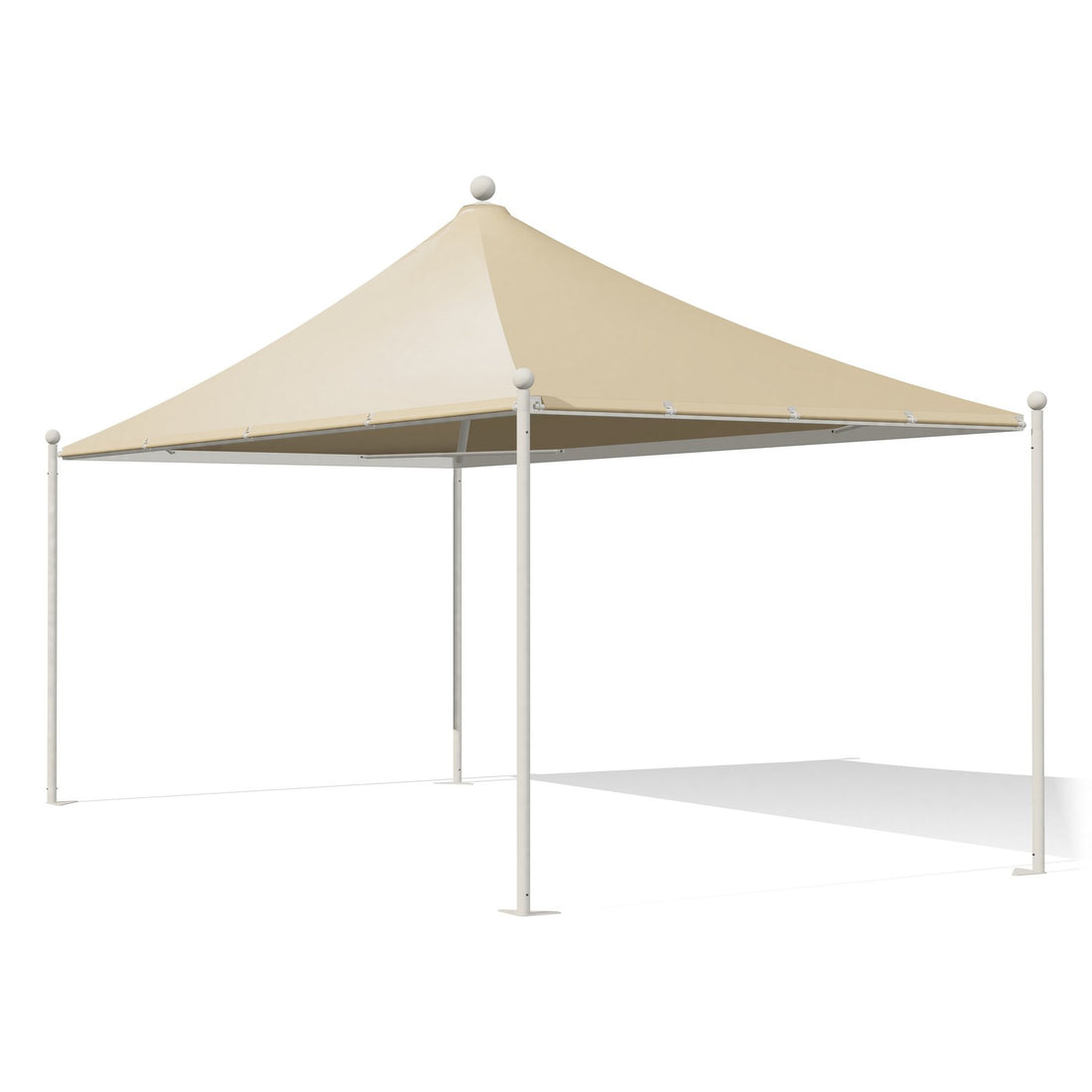 Gazebo 3x6 bianco Airone New a punta con sfere, struttura verniciata RAL 9010, telo beige RAL 1014, vista 3D di tre quarti