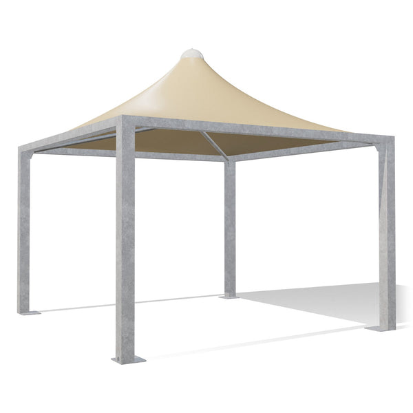 Gazebo 4x4 Airone Max Leggero zincato con tetto a punta e telo beige RAL 1014, vista 3D di tre quarti