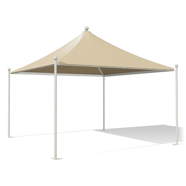 Gazebo 4x4 bianco Airone New a punta con sfere, struttura verniciata RAL 9010, telo beige RAL 1014, vista 3D di tre quarti