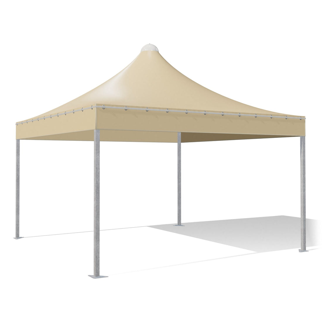 Gazebo 4x4 Airone Quadro zincato con tetto a punta e telo beige RAL 1014, vista 3D di tre quarti