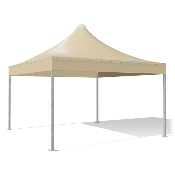Gazebo 4x4 Airone Quadro zincato con tetto a punta e telo beige RAL 1014, vista 3D di tre quarti
