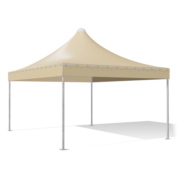 Gazebo 4x5 Airone Corallo in acciaio zincato con montanti tondi Ø60 e tetto a punta, telo beige RAL 1014, vista 3D di tre quarti