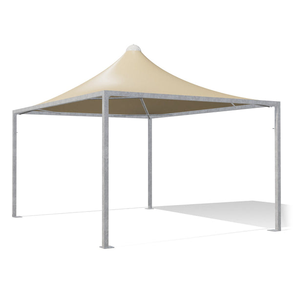 Gazebo 4x5 Airone Minimax zincato con tetto a punta e telo beige RAL 1014, vista 3D di tre quarti