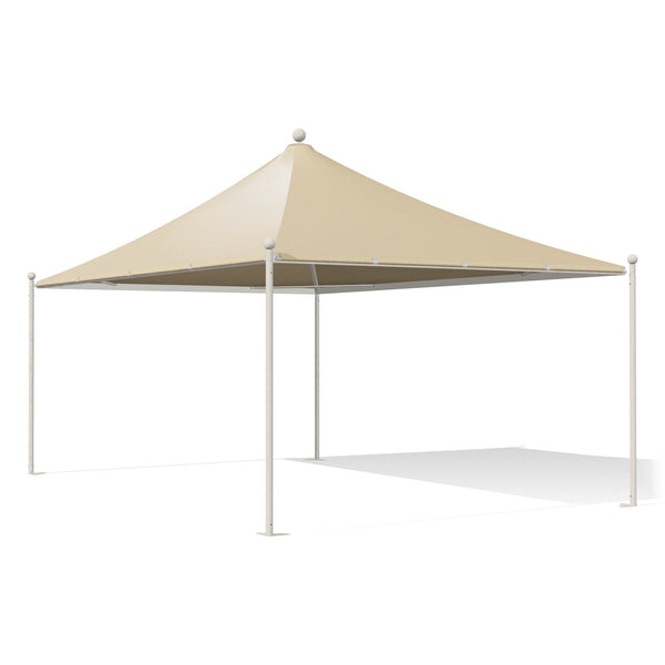 Gazebo 4x6 bianco Airone New a punta con sfere, struttura verniciata RAL 9010, telo beige RAL 1014, vista 3D di tre quarti