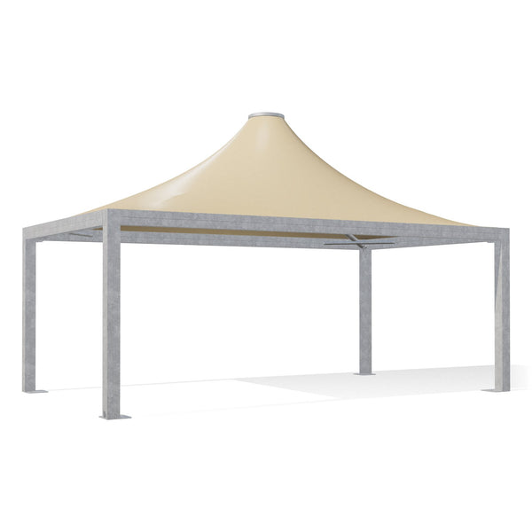 Gazebo 4x7 Airone Max Pesante zincato con tetto a punta e telo beige RAL 1014, vista 3D di tre quarti