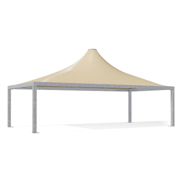 Gazebo 5x10 Airone Max Pesante zincato con tetto a punta e telo beige RAL 1014, vista 3D di tre quarti