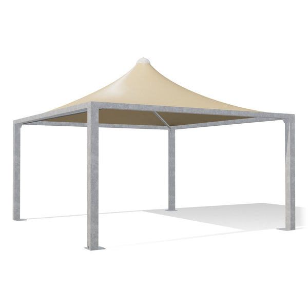 Gazebo 5x5 Airone Max Leggero zincato con tetto a punta e telo beige RAL 1014, vista 3D di tre quarti