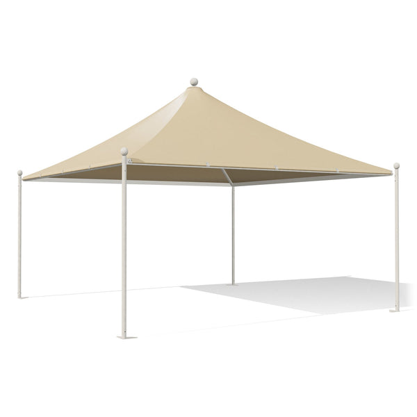 Gazebo 5x5 bianco Airone New a punta con sfere, struttura verniciata RAL 9010, telo beige RAL 1014, vista 3D di tre quarti