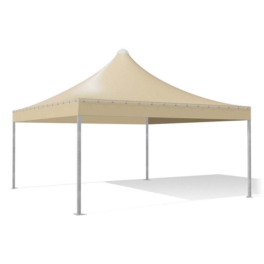 Gazebo 5x5 Airone Quadro zincato con tetto a punta e telo beige RAL 1014, vista 3D di tre quarti