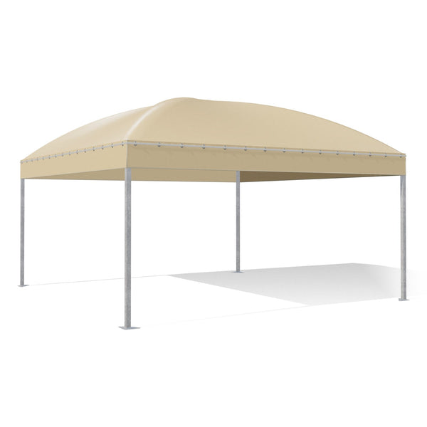 Gazebo 5x5 Gemma Quadro a cupola in acciaio zincato con montanti quadri 60×60, telo beige RAL 1014, vista 3D di tre quarti