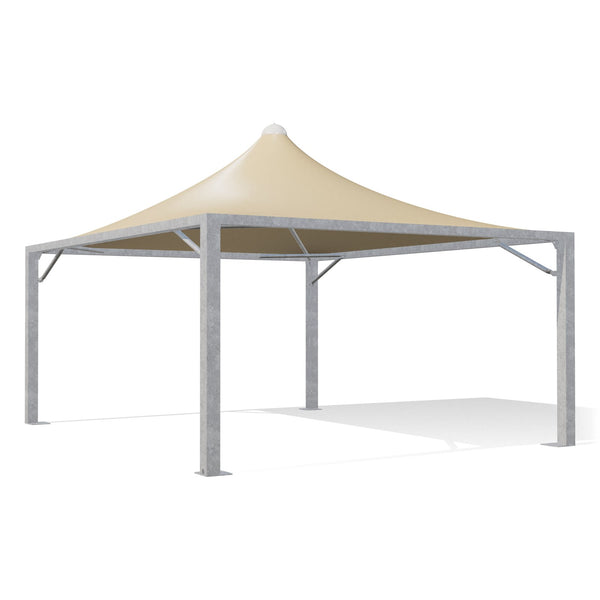 Gazebo 5x6 Airone Max Leggero zincato con tetto a punta e telo beige RAL 1014, vista 3D di tre quarti
