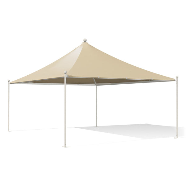 Gazebo 5x6 bianco Airone New a punta con sfere, struttura verniciata RAL 9010, telo beige RAL 1014, vista 3D di tre quarti