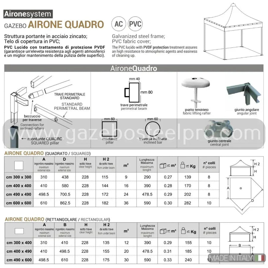 Gazebo 5x6 MT. AIRONE QUADRO - Gazebo Steel Pro