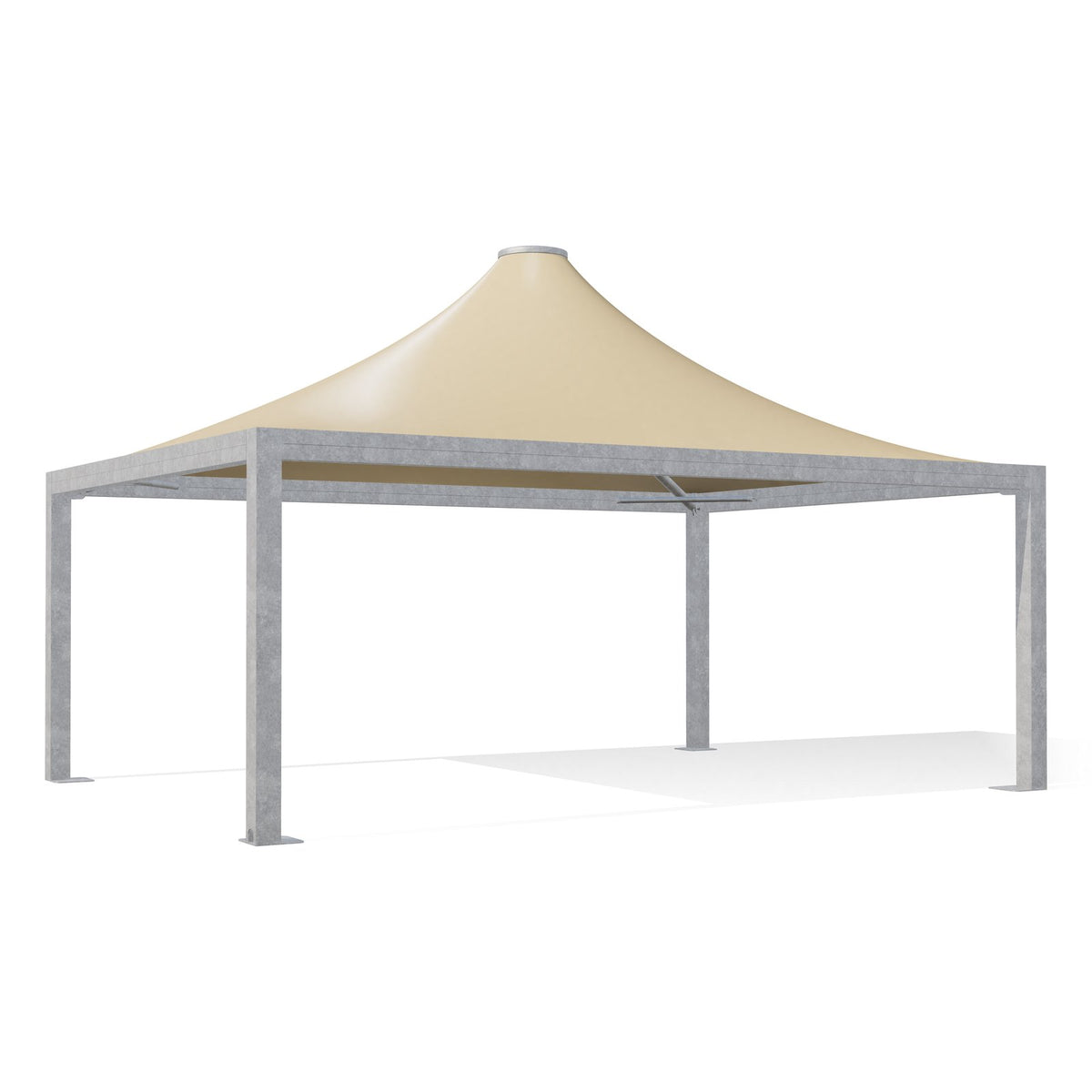 Gazebo 5x7 Airone Max Pesante zincato con tetto a punta e telo beige RAL 1014, vista 3D di tre quarti