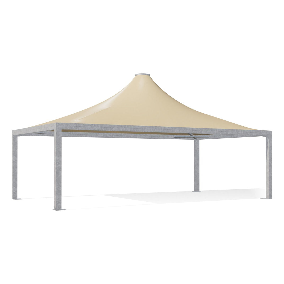 Gazebo 5x9 Airone Max Pesante zincato con tetto a punta e telo beige RAL 1014, vista 3D di tre quarti