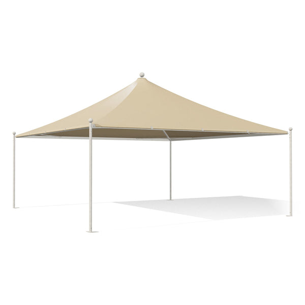 Gazebo 6x6 bianco Airone New a punta con sfere, struttura verniciata RAL 9010, telo beige RAL 1014, vista 3D di tre quarti