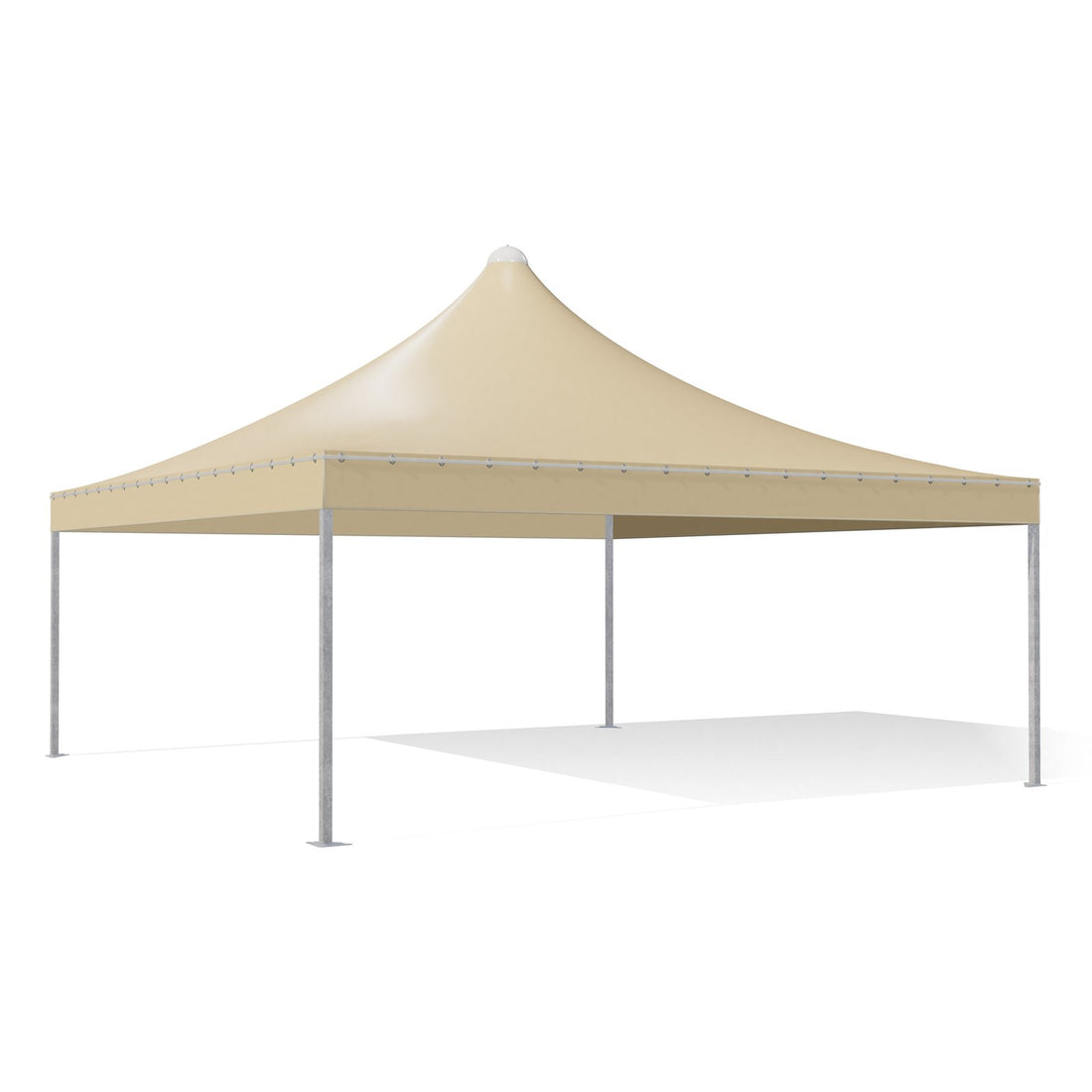 Gazebo 6x6 Airone Quadro zincato con tetto a punta e telo beige RAL 1014, vista 3D di tre quarti