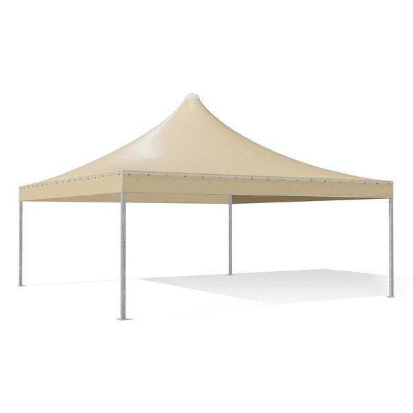 Gazebo 6x6 Airone Quadro zincato con tetto a punta e telo beige RAL 1014, vista 3D di tre quarti