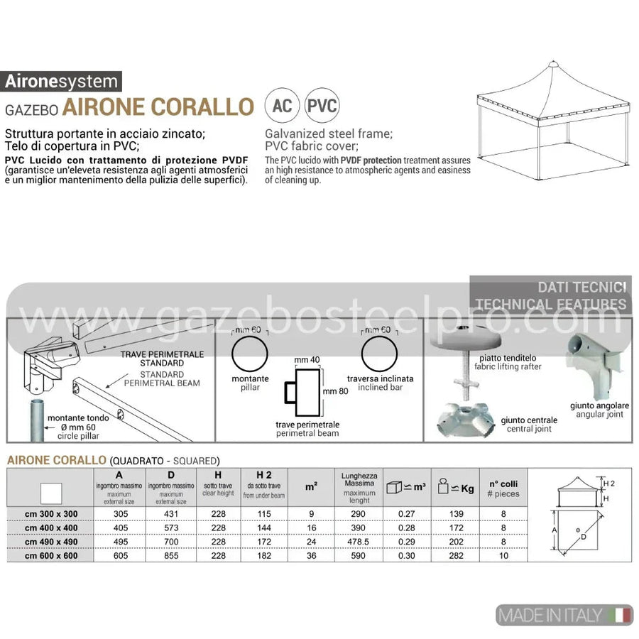 Gazebo 6x6 MT. AIRONE CORALLO - Gazebo Steel Pro